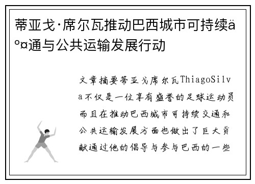 蒂亚戈·席尔瓦推动巴西城市可持续交通与公共运输发展行动