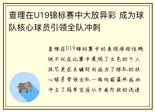 查理在U19锦标赛中大放异彩 成为球队核心球员引领全队冲刺 查理在U19锦标赛中大放异彩 成为球队核心球员引领全队冲刺