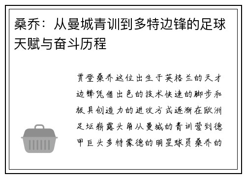 桑乔：从曼城青训到多特边锋的足球天赋与奋斗历程